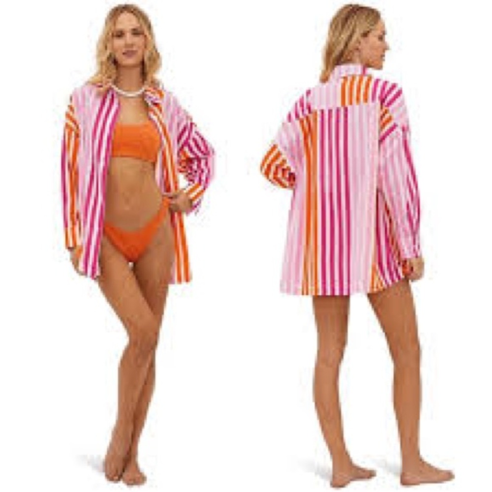 BEACH RIOT Alexa Stripe Long Sleeve Cover-Up Shirt Sunset Stripes Size L/XL - Picture 2 of 7